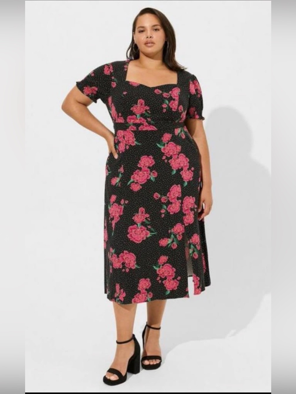 🌹 torrid 3X Black Midi Dress with Pink Floral Print Pin-up Rockabilly Dress
